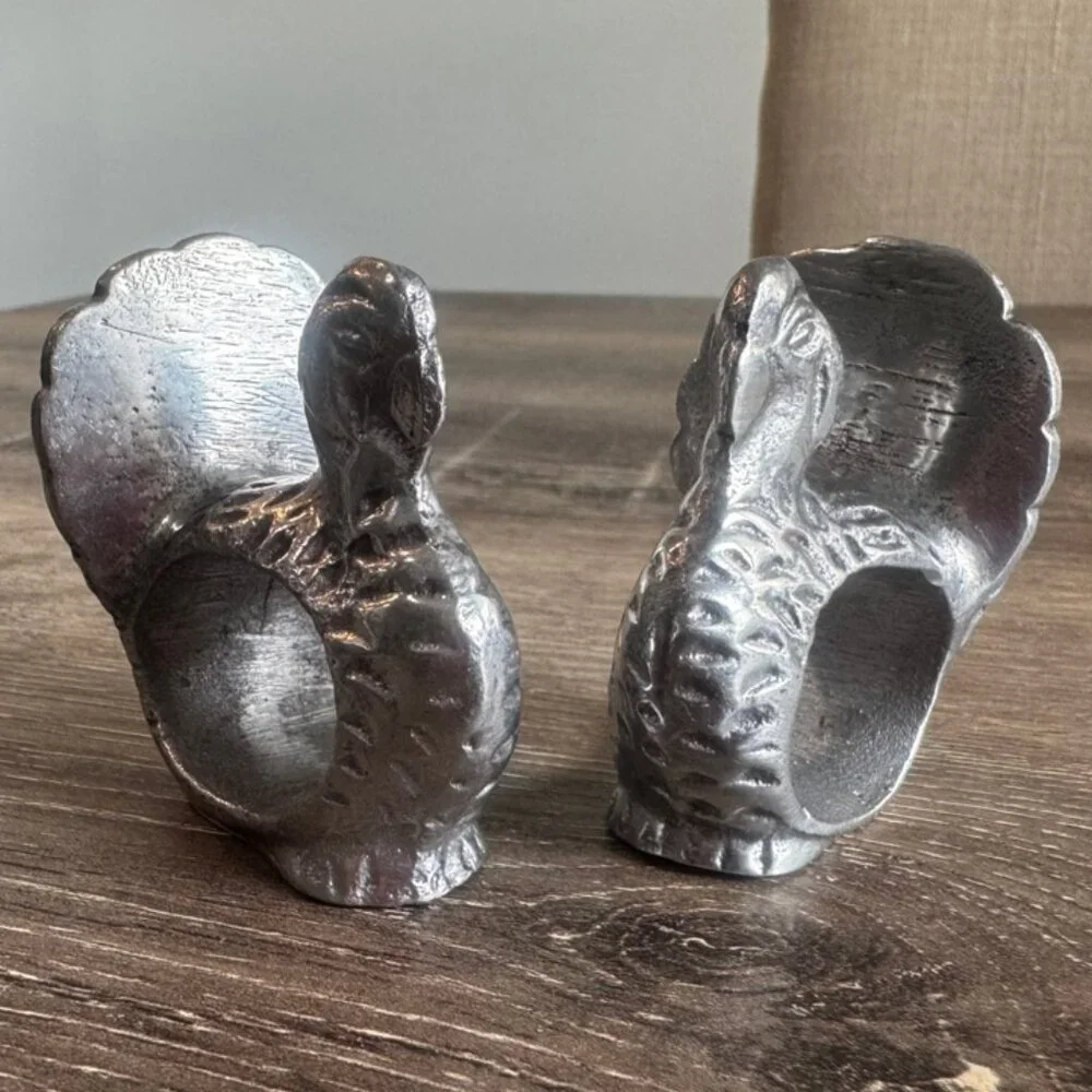 Set of 2 Silver Tone Turkey Napkin Ring Holder Made in India